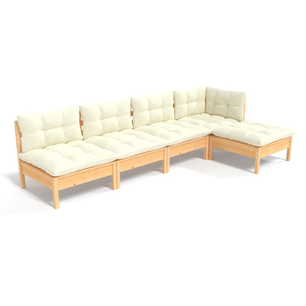 Set Divani da Giardino 5 pz con Cuscini Crema in Massello di Pino