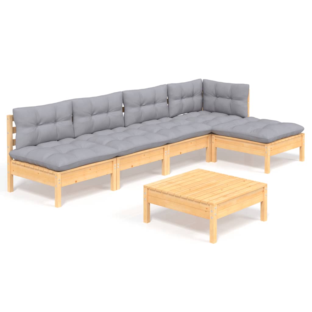 Set Divani da Giardino 6 pz con Cuscini Grigi Massello di Pino
