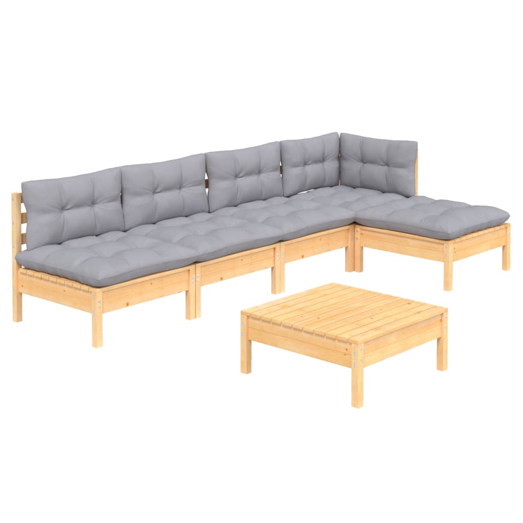 Set Divani da Giardino 6 pz con Cuscini Grigi Massello di Pino