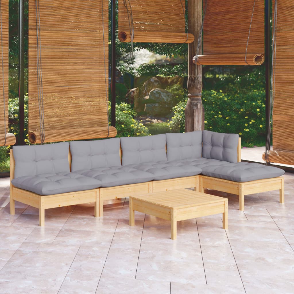 Set Divani da Giardino 6 pz con Cuscini Grigi Massello di Pino