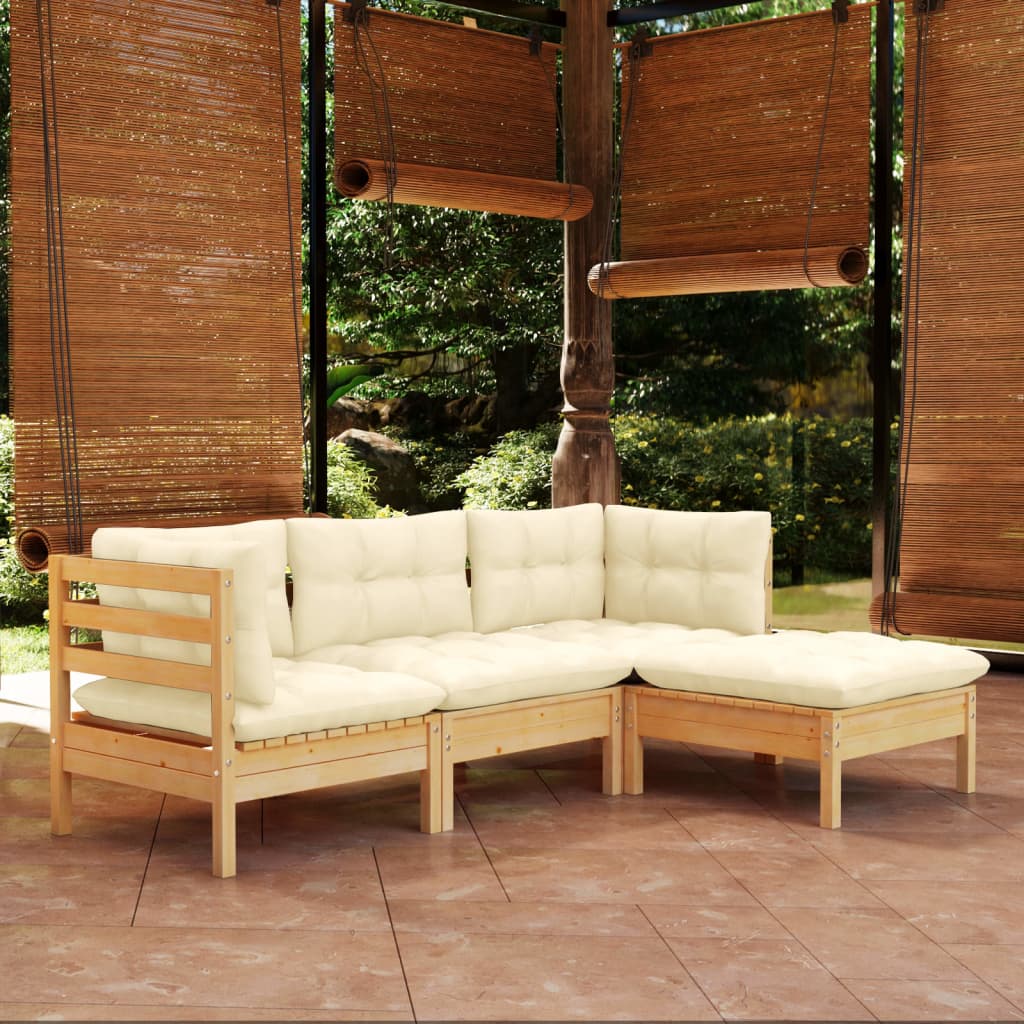 Set Salotto da Giardino 4 pz con Cuscini Crema in Legno di Pino