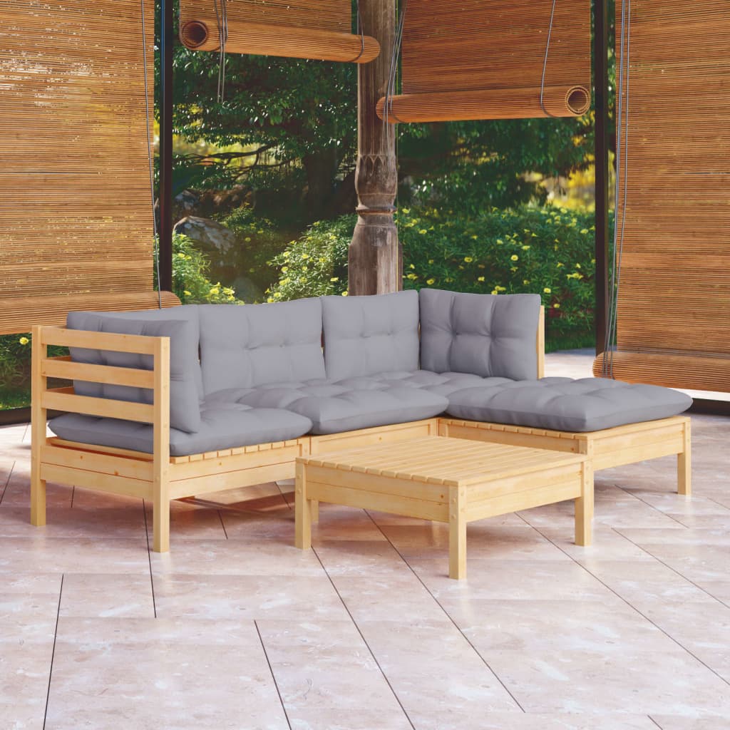 Set Divani da Giardino 5 pz con Cuscini Grigi Massello di Pino