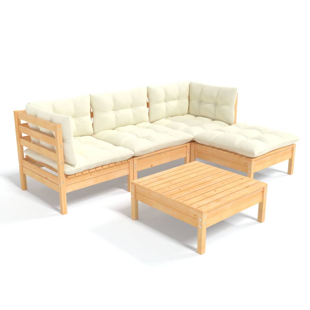 Set Divani da Giardino 5 pz con Cuscini Crema Massello di Pino