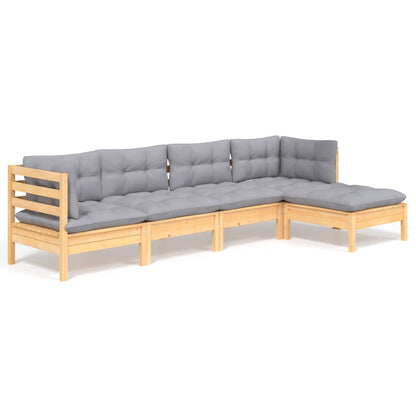 Set Divani da Giardino 5 pz con Cuscini Grigi Massello di Pino