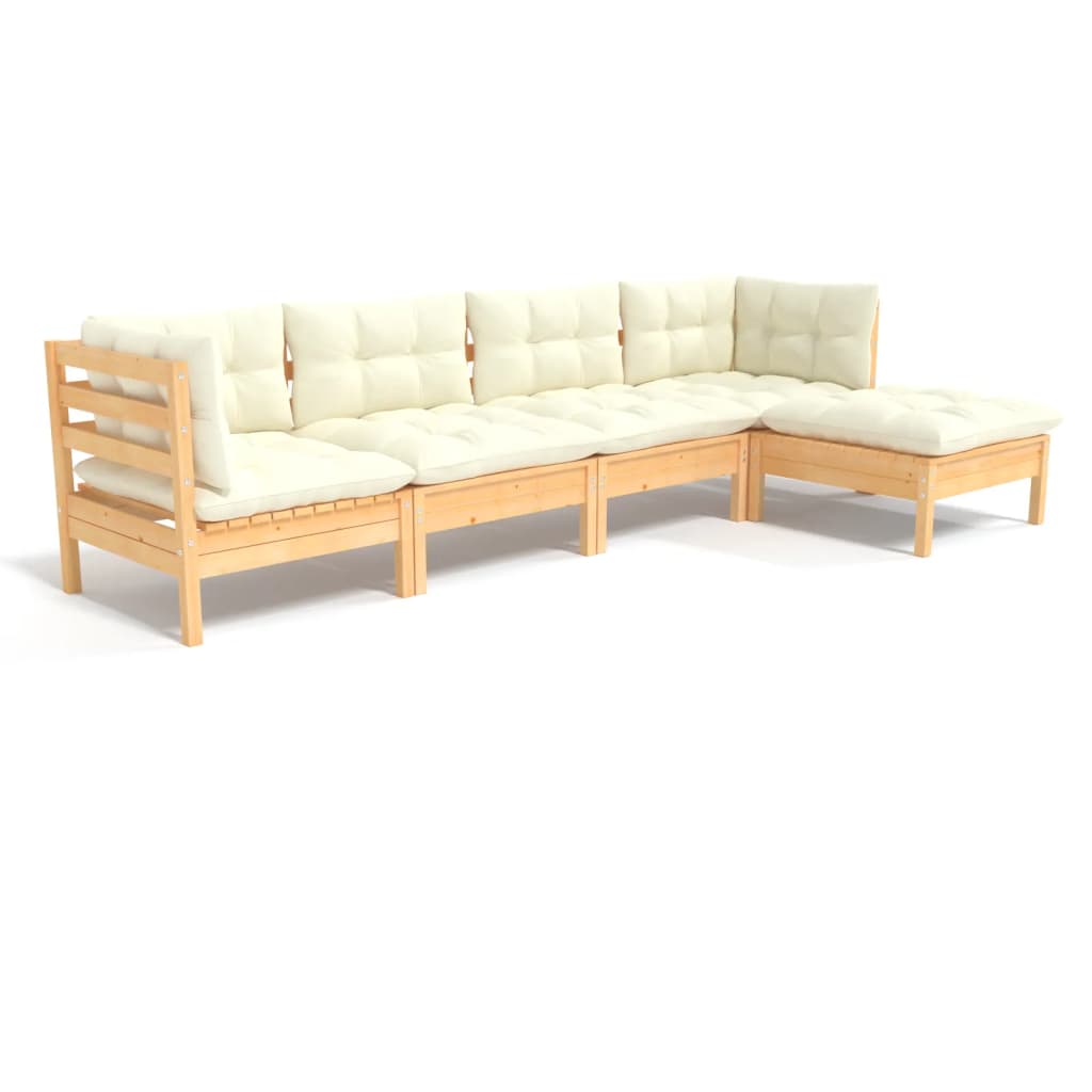 Set Divani da Giardino 5 pz con Cuscini Crema Massello di Pino