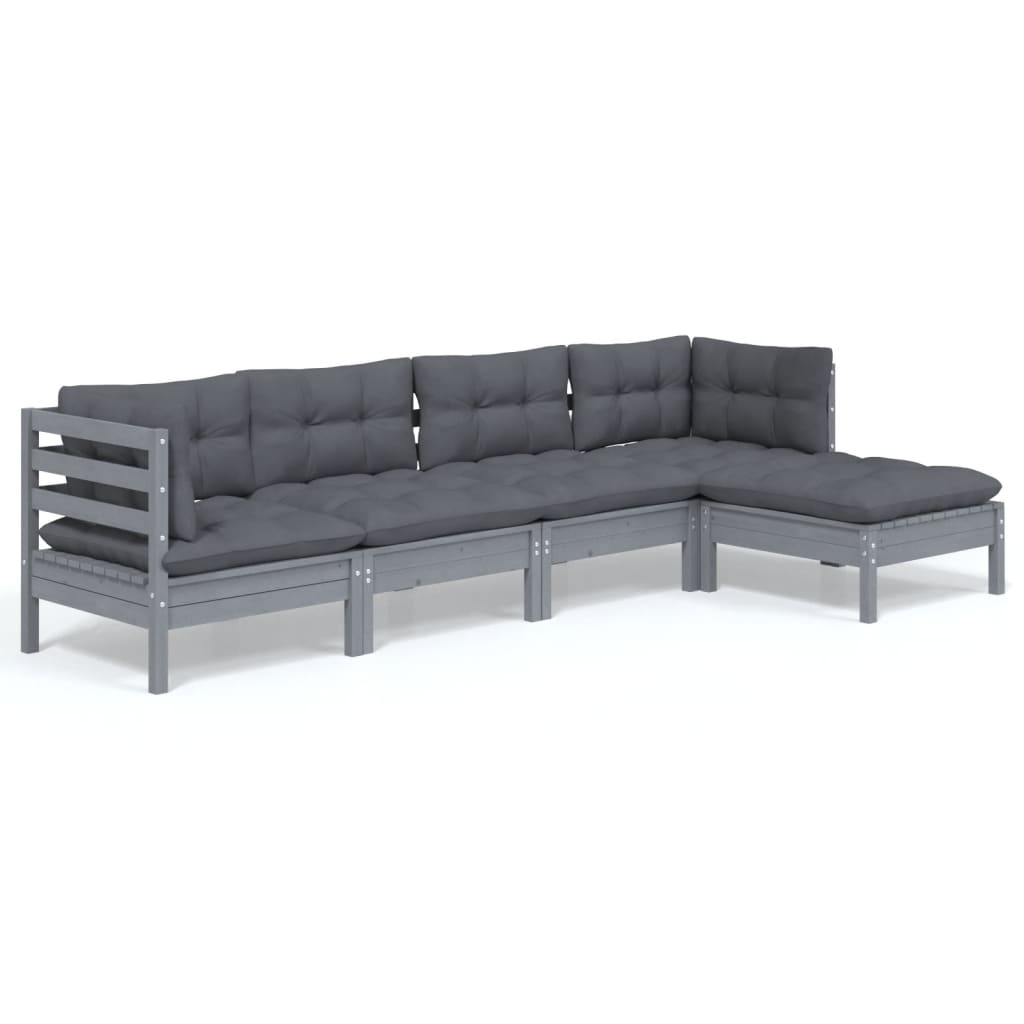 Set Divani da Giardino 5 pz con Cuscini Grigi Massello di Pino