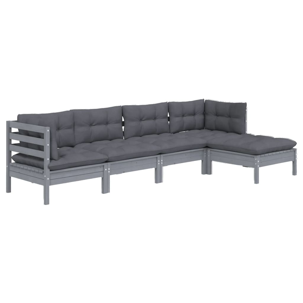 Set Divani da Giardino 5 pz con Cuscini Grigi Massello di Pino