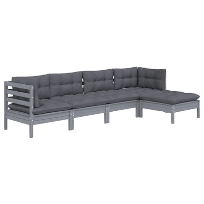 Set Divani da Giardino 5 pz con Cuscini Grigi Massello di Pino
