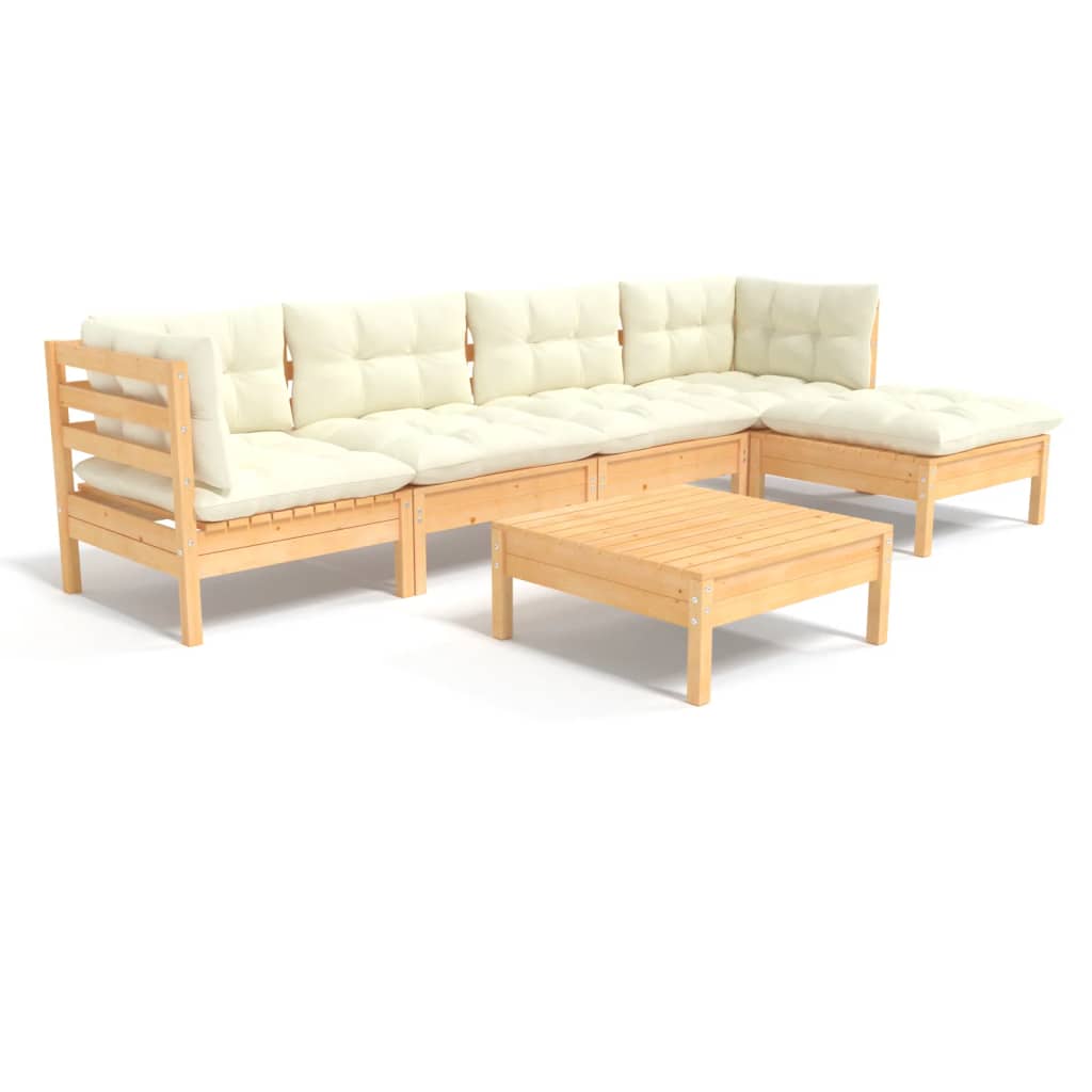 Set Salotto da Giardino 6 pz con Cuscini Crema Legno di Pino