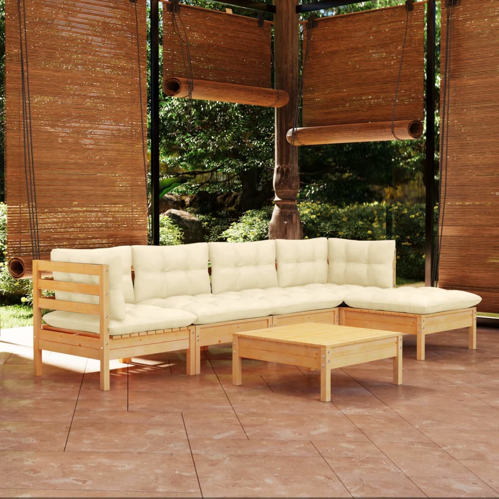 Set Salotto da Giardino 6 pz con Cuscini Crema Legno di Pino