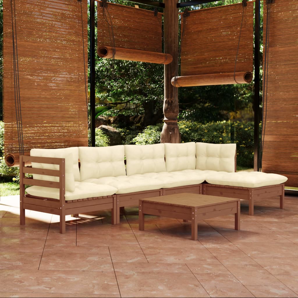 Set Salotto Giardino 6pz con Cuscini Marrone Ambra Legno Pino