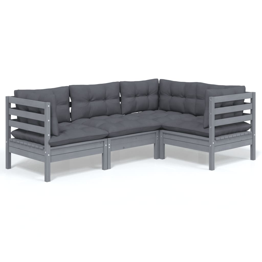 Set Divani da Giardino 4 pz con Cuscini Grigi Massello di Pino