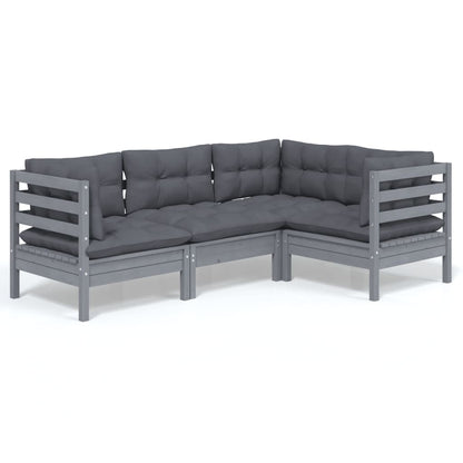 Set Divani da Giardino 4 pz con Cuscini Grigi Massello di Pino
