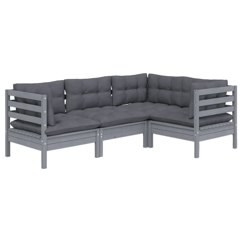Set Divani da Giardino 4 pz con Cuscini Grigi Massello di Pino