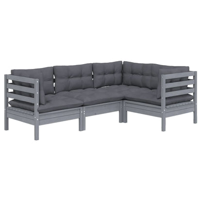 Set Divani da Giardino 4 pz con Cuscini Grigi Massello di Pino