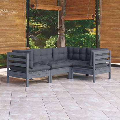 Set Divani da Giardino 4 pz con Cuscini Grigi Massello di Pino