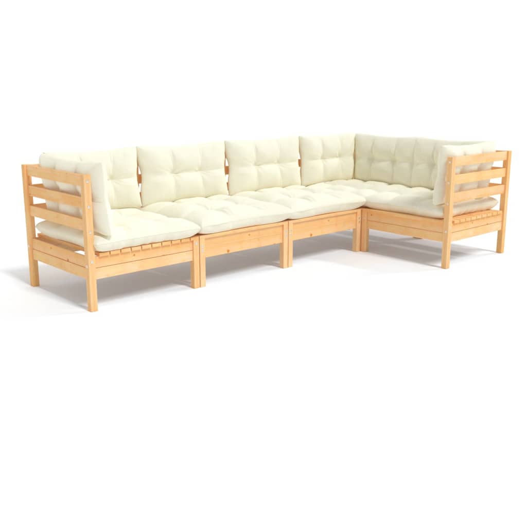 Set Divani da Giardino 5 pz con Cuscini Crema in Massello di Pino