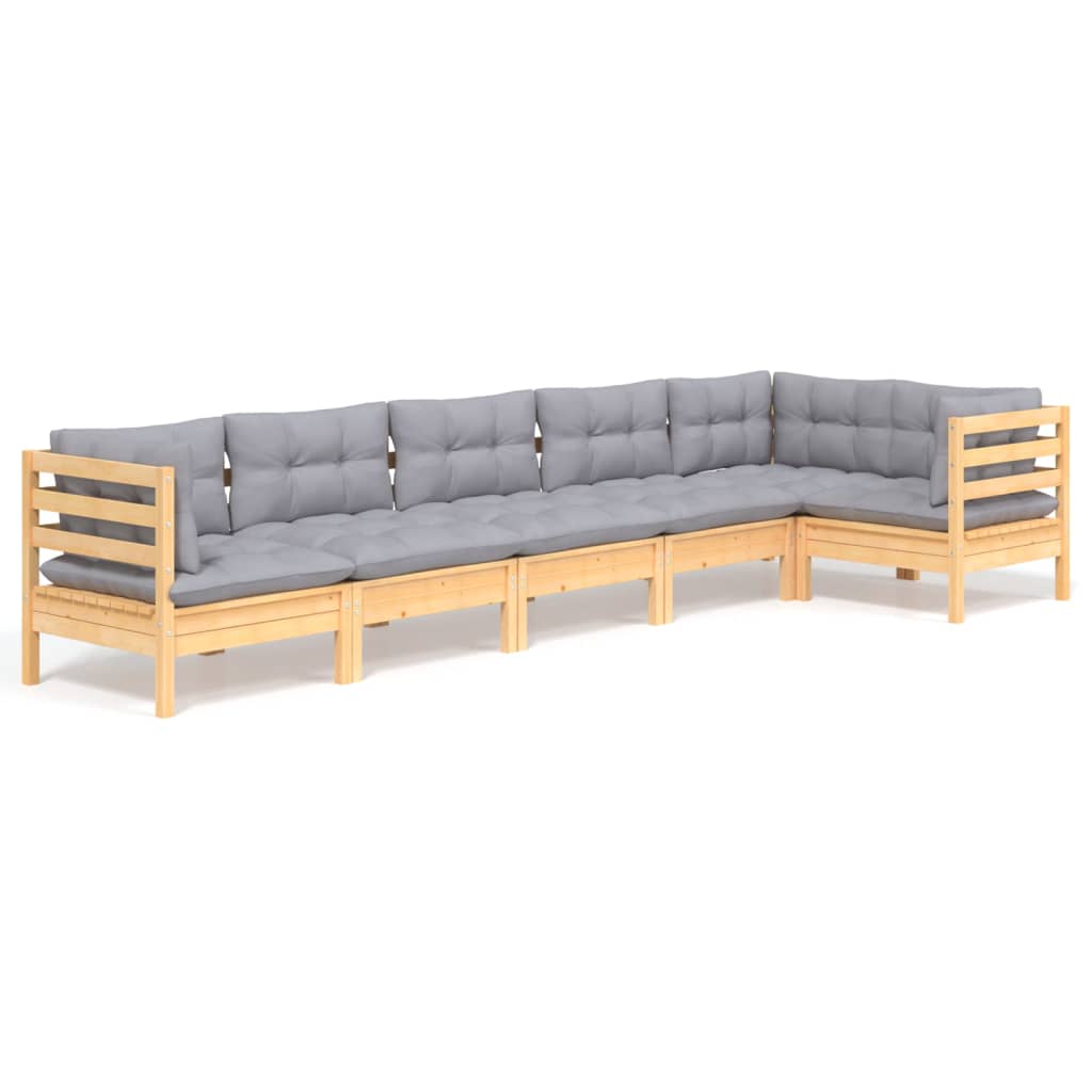 Set Divani da Giardino 6 pz con Cuscini Grigi Massello di Pino