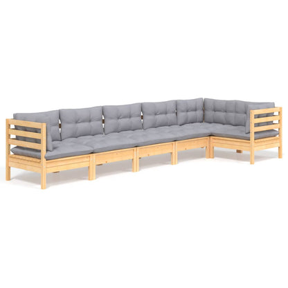 Set Divani da Giardino 6 pz con Cuscini Grigi Massello di Pino