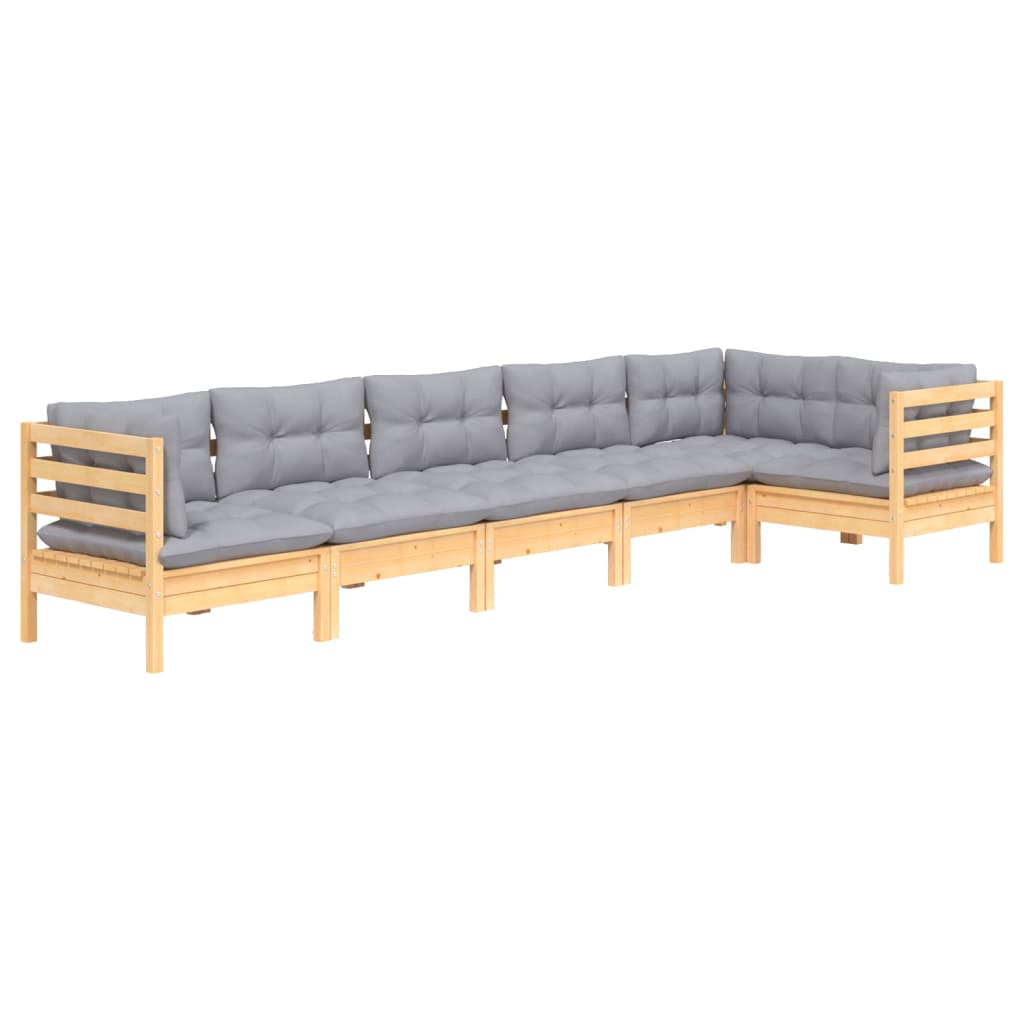 Set Divani da Giardino 6 pz con Cuscini Grigi Massello di Pino