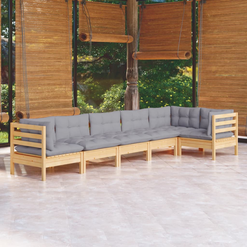Set Divani da Giardino 6 pz con Cuscini Grigi Massello di Pino