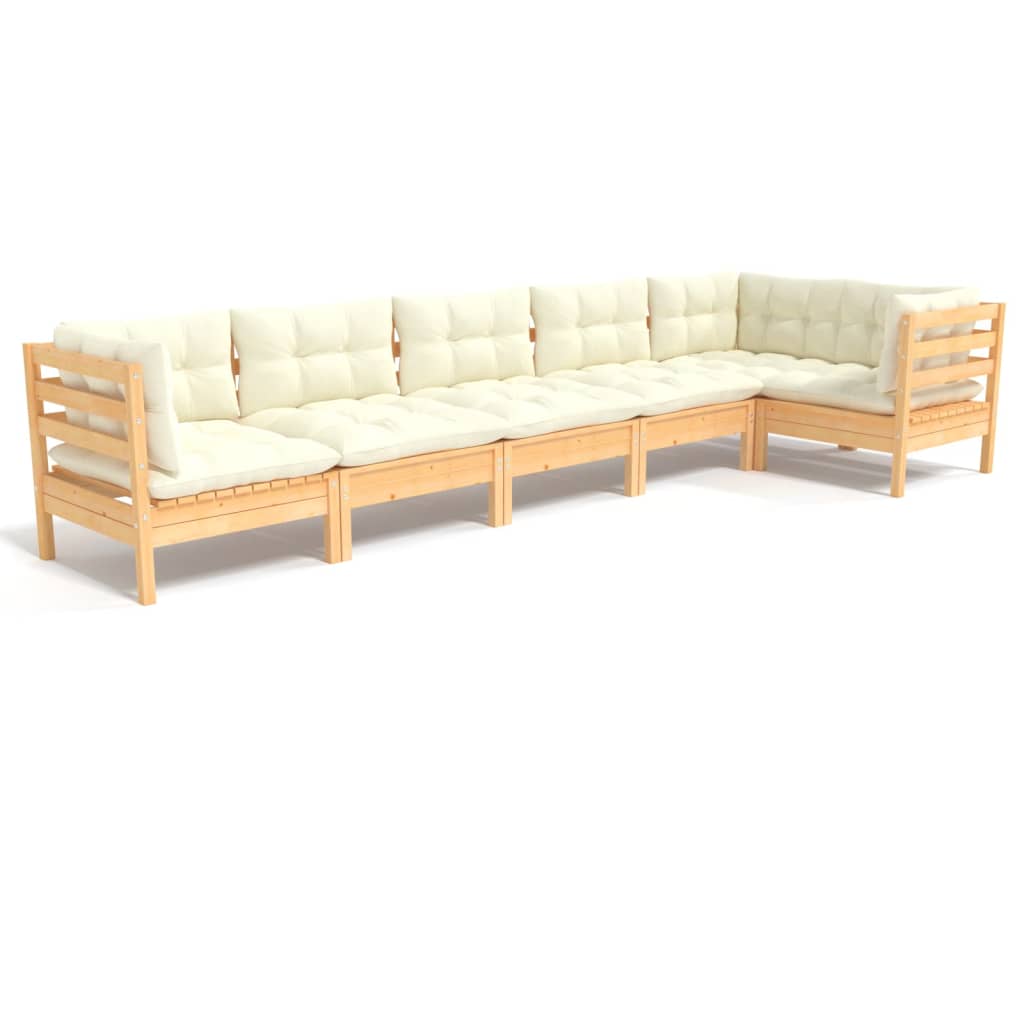 Set Salotto da Giardino 6 pz con Cuscini Crema Legno di Pino