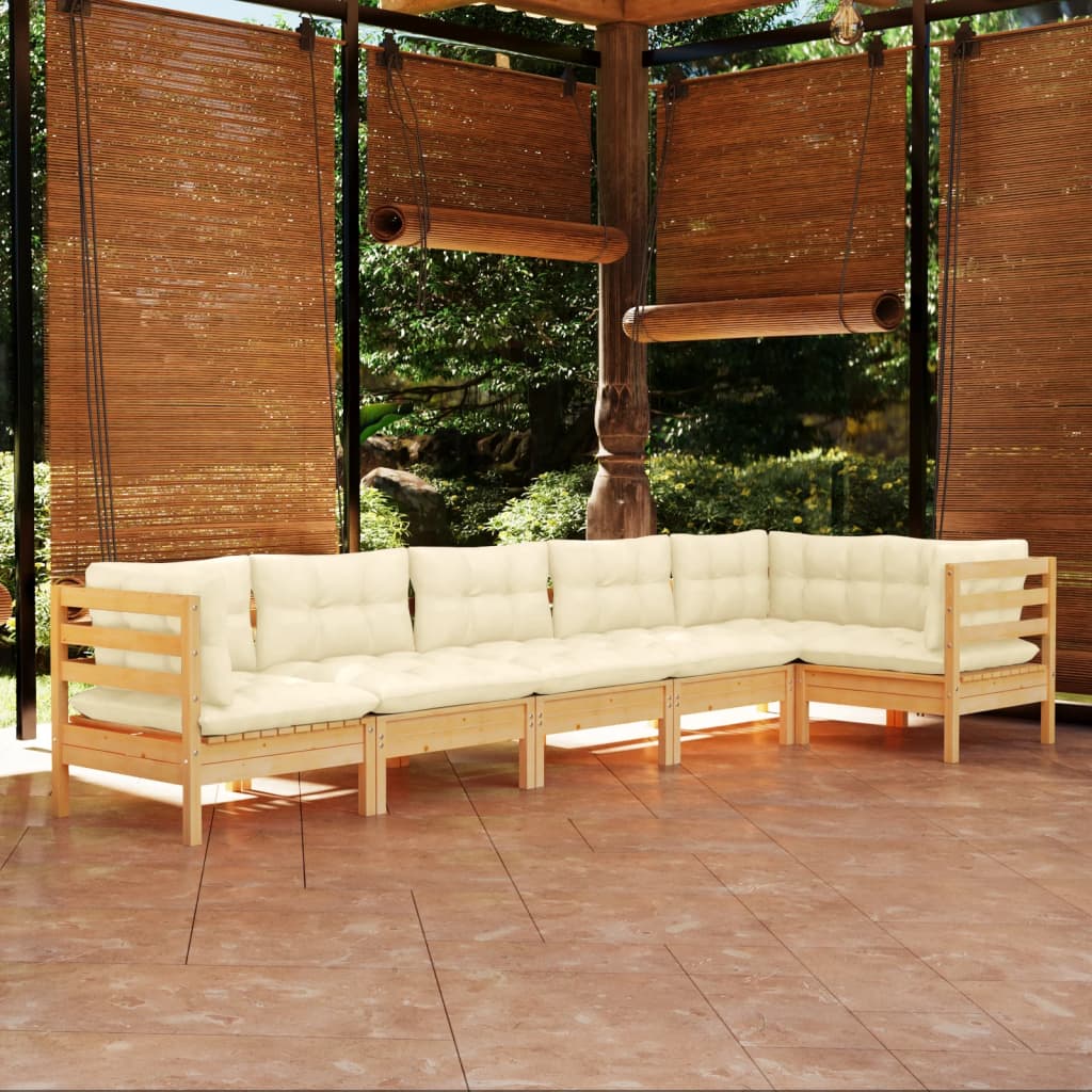 Set Salotto da Giardino 6 pz con Cuscini Crema Legno di Pino