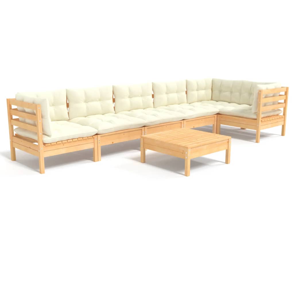 Set Salotto da Giardino 7pz con Cuscini Crema in Legno di Pino