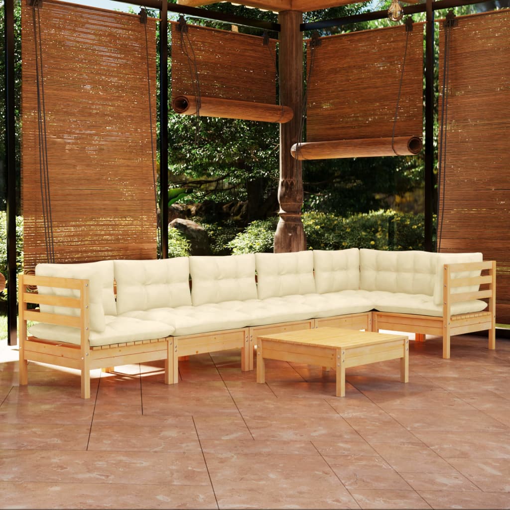 Set Salotto da Giardino 7pz con Cuscini Crema in Legno di Pino