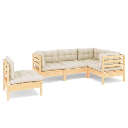 Set Divani da Giardino 5 pz con Cuscini Crema in Massello di Pino
