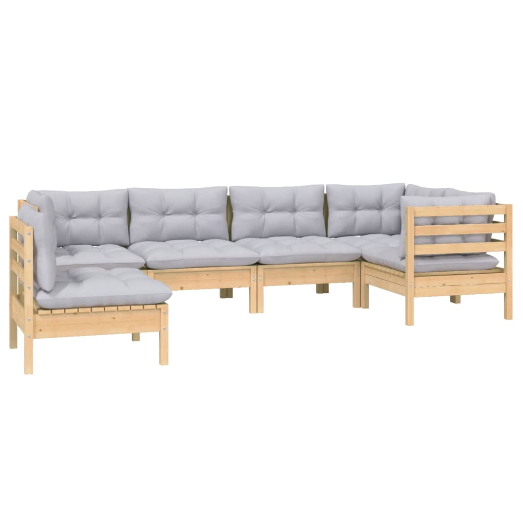 Set Divani da Giardino 6 pz con Cuscini Grigi Massello di Pino