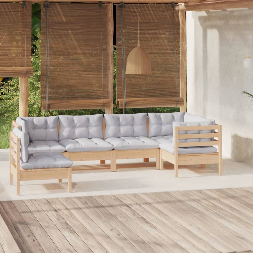 Set Divani da Giardino 6 pz con Cuscini Grigi Massello di Pino