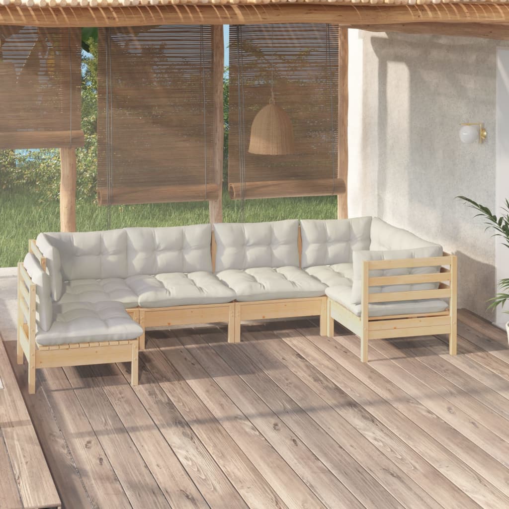 Set Salotto da Giardino 6 pz con Cuscini Crema Legno di Pino