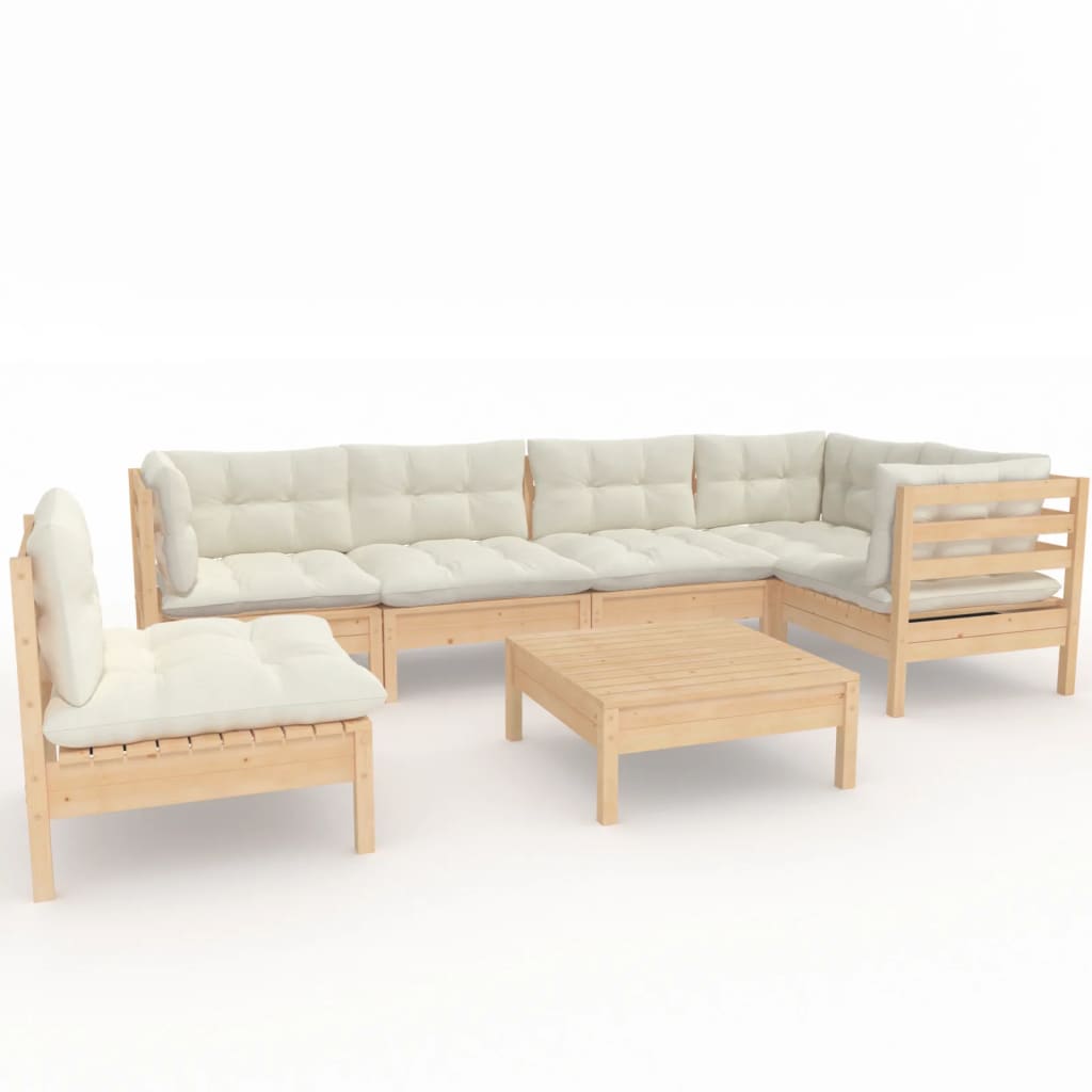 Set Salotto da Giardino 7pz con Cuscini Crema in Legno di Pino