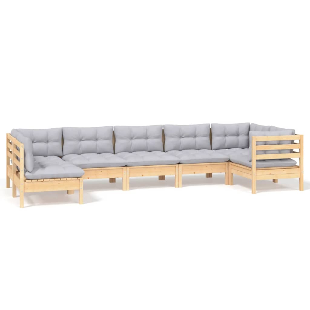 Set Divani da Giardino 7 pz con Cuscini Grigi Massello di Pino