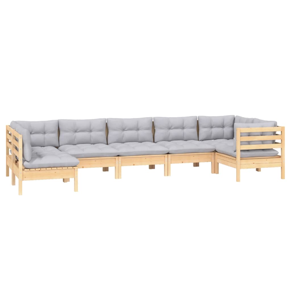 Set Divani da Giardino 7 pz con Cuscini Grigi Massello di Pino
