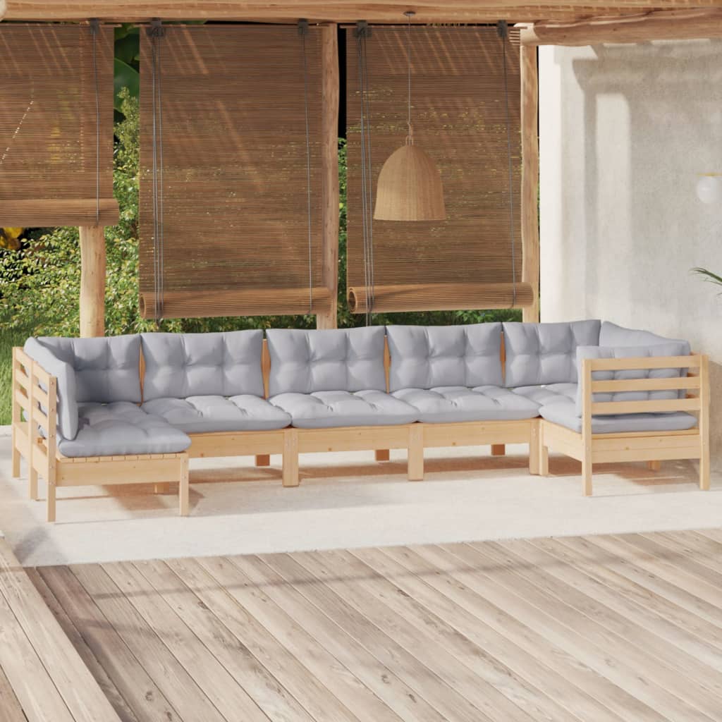 Set Divani da Giardino 7 pz con Cuscini Grigi Massello di Pino
