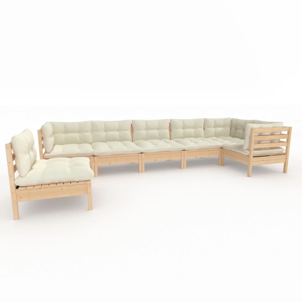 Set Salotto da Giardino 7pz con Cuscini Crema in Legno di Pino