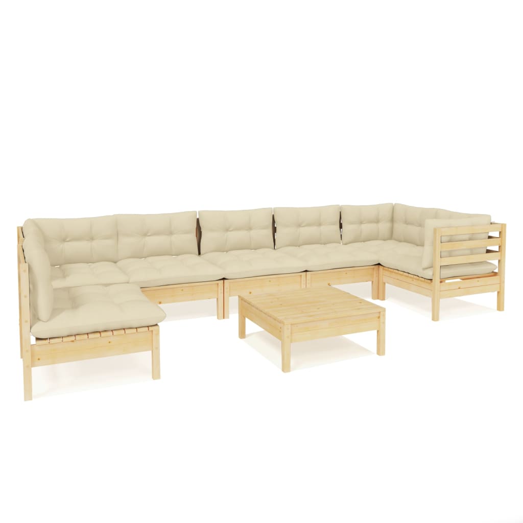 Set Salotto da Giardino 8 pz con Cuscini Crema in Legno di Pino
