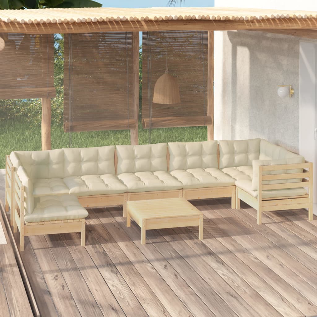 Set Salotto da Giardino 8 pz con Cuscini Crema in Legno di Pino
