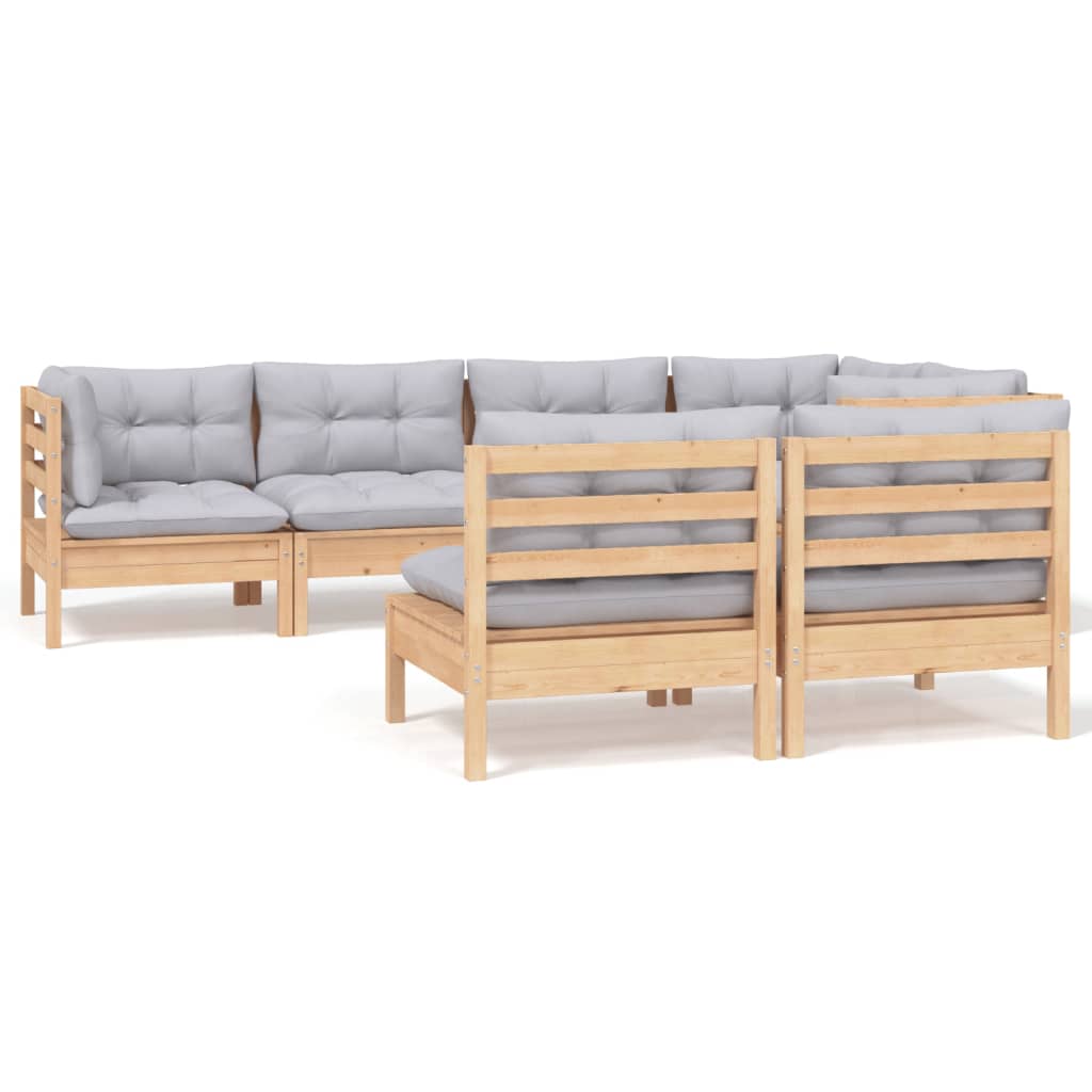 Set Divani da Giardino 7 pz con Cuscini Grigi Massello di Pino