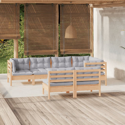 Set Divani da Giardino 7 pz con Cuscini Grigi Massello di Pino