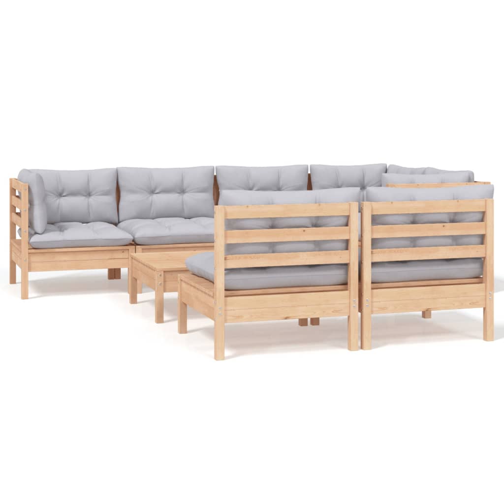 Set Divani da Giardino 8 pz con Cuscini Grigi Massello di Pino