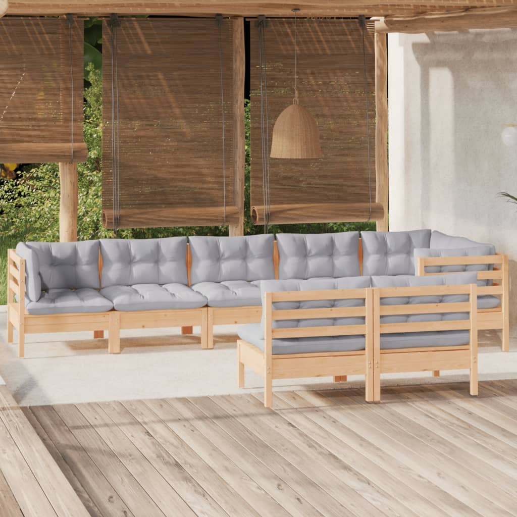 Set Divani da Giardino 8 pz con Cuscini Grigi Massello di Pino