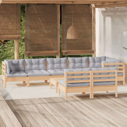 Set Divani da Giardino 9 pz con Cuscini Grigi Massello di Pino