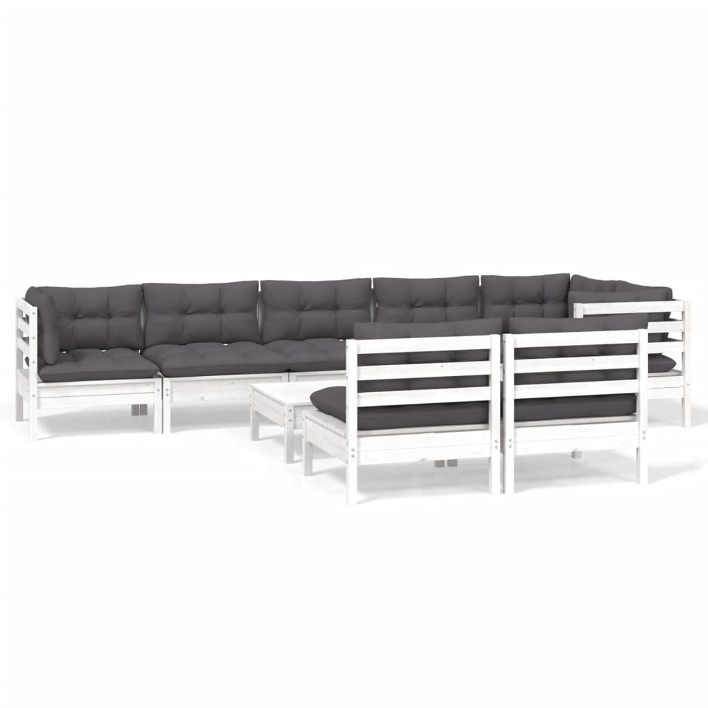 Set Divani da Giardino 9 pz con Cuscini Bianchi Legno di Pino