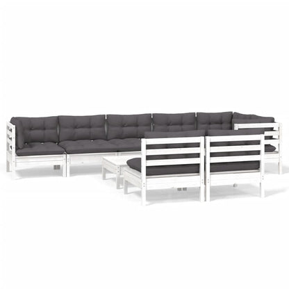 Set Divani da Giardino 9 pz con Cuscini Bianchi Legno di Pino