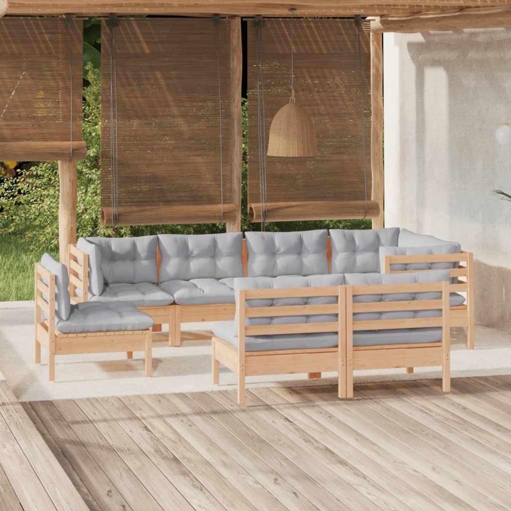 Set Divani da Giardino 8 pz con Cuscini Grigi Massello di Pino