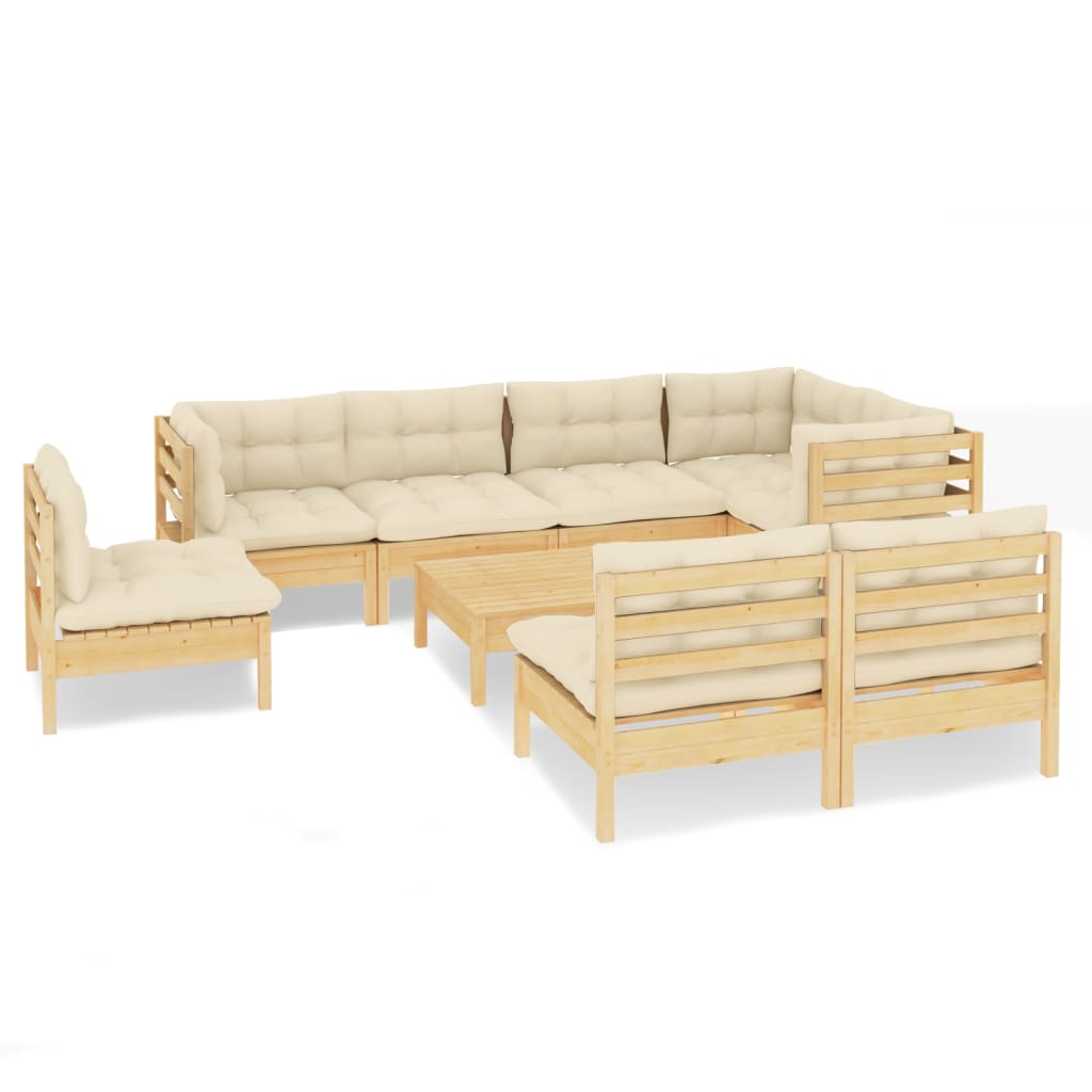 Set Divani da Giardino 9 pz con Cuscini Crema Massello di Pino