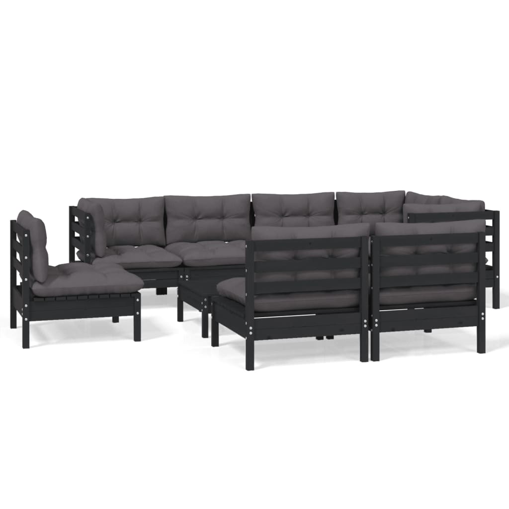 Set Divani da Giardino 9 pz con Cuscini Neri in Legno di Pino